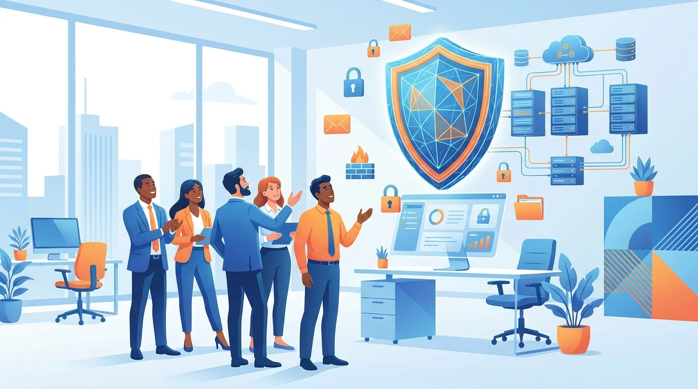 Small business owner reviewing Microsoft 365 security settings on laptop screen