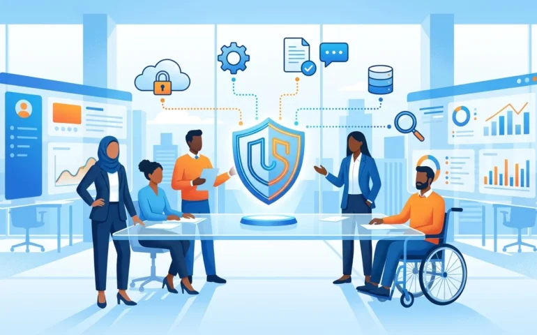 Small business owner reviewing SaaS application security settings on laptop with checklist