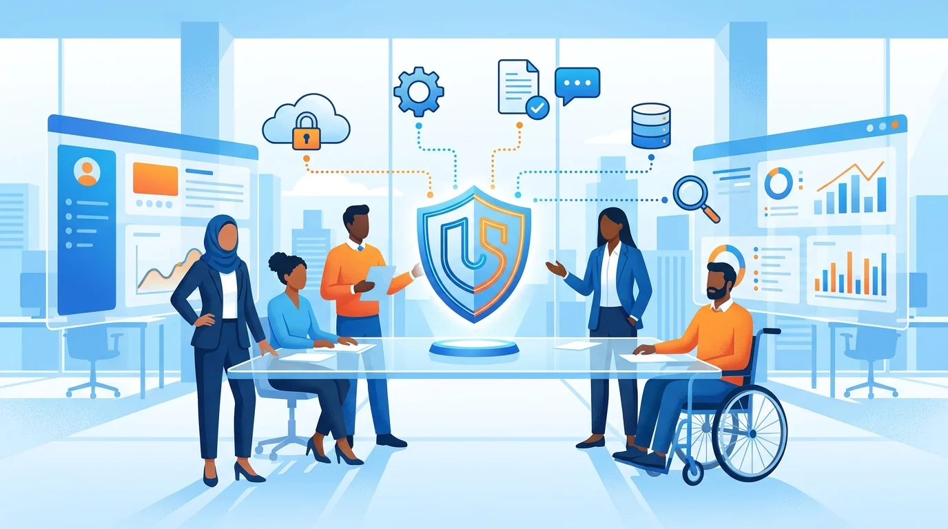 Small business owner reviewing SaaS application security settings on laptop with checklist