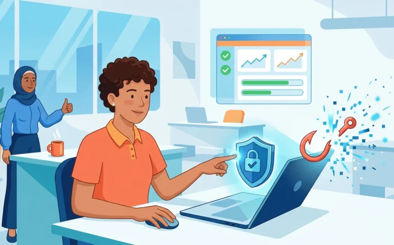 Small business owner setting up automated phishing simulation software on laptop in office