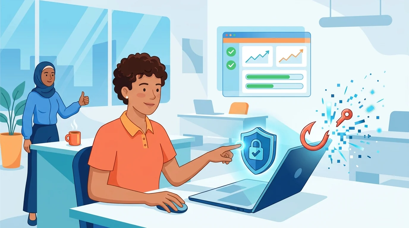 Small business owner setting up automated phishing simulation software on laptop in office