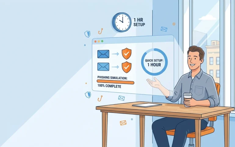 Small business owner setting up phishing training software on laptop at desk
