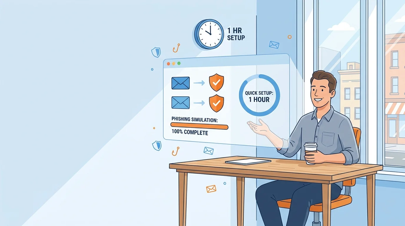 Small business owner setting up phishing training software on laptop at desk