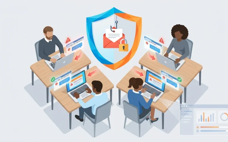 Small business owner reviewing phishing prevention checklist on laptop screen