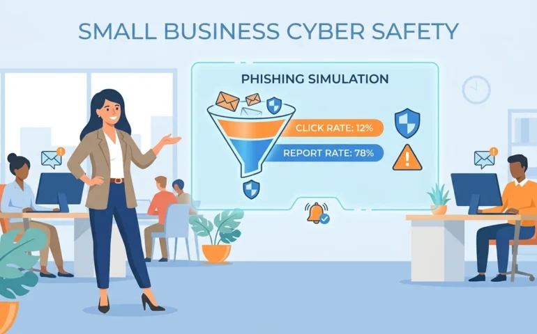 Office manager reviewing a phishing simulation dashboard on a laptop at a small business desk