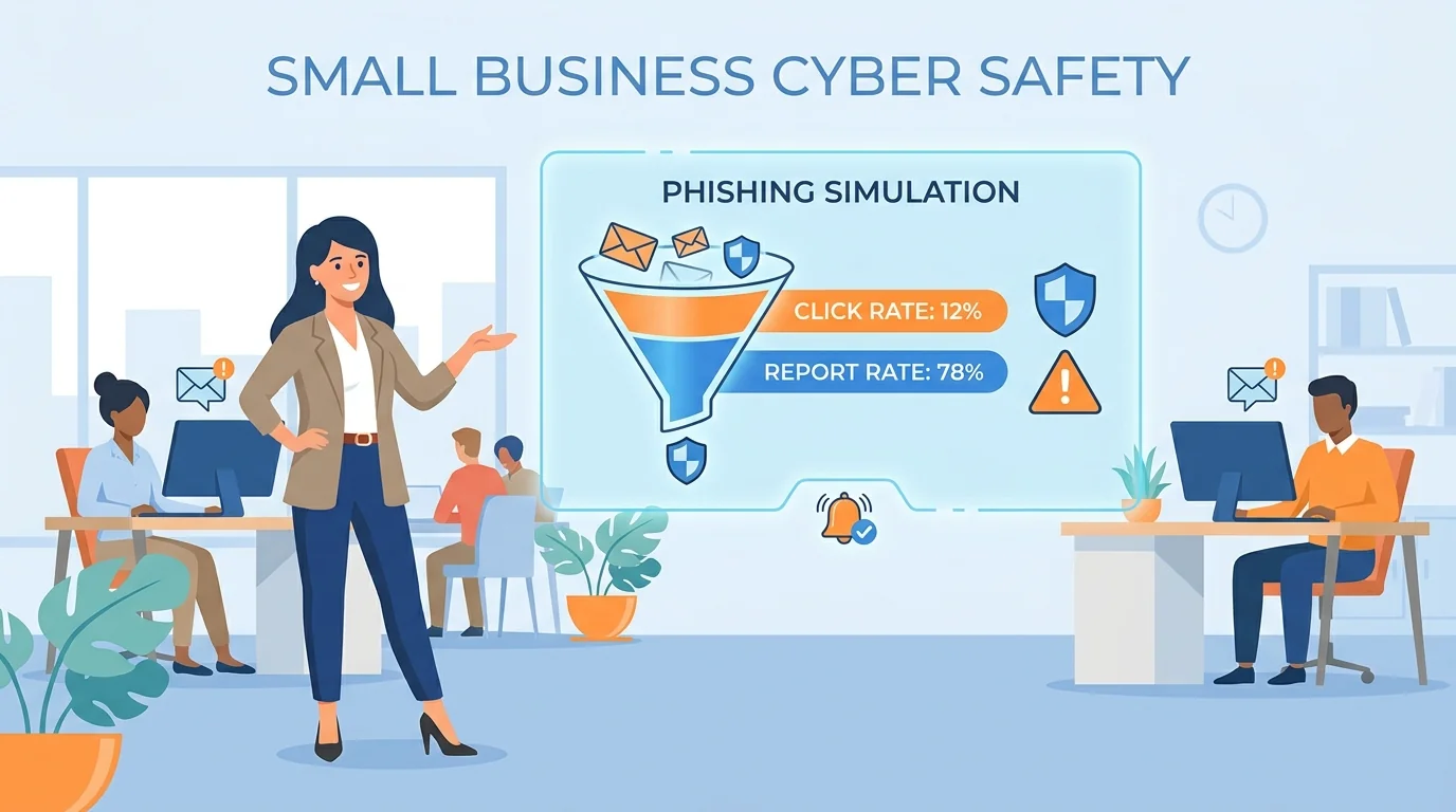 Office manager reviewing a phishing simulation dashboard on a laptop at a small business desk